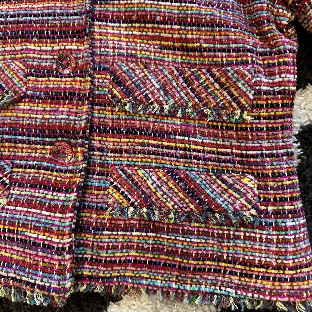 Vintage Anage Pink Colorful Tweed Blazer Jacket Size Large Rainbow Flower Fringe - Picture 12 of 15